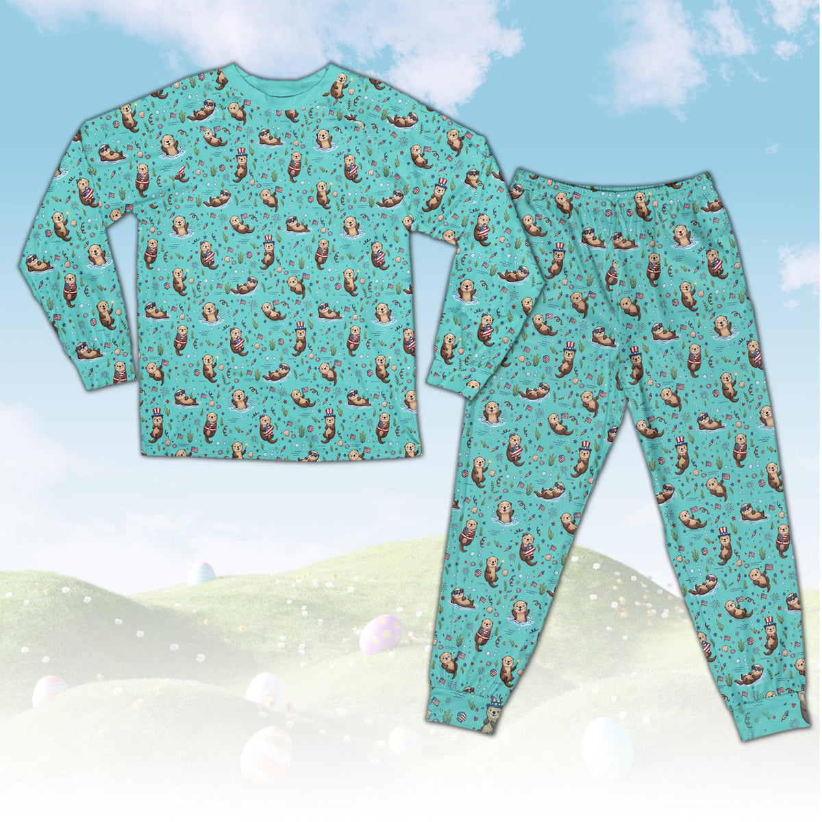 Patriotic sea otters pajama set with teal background, front view
