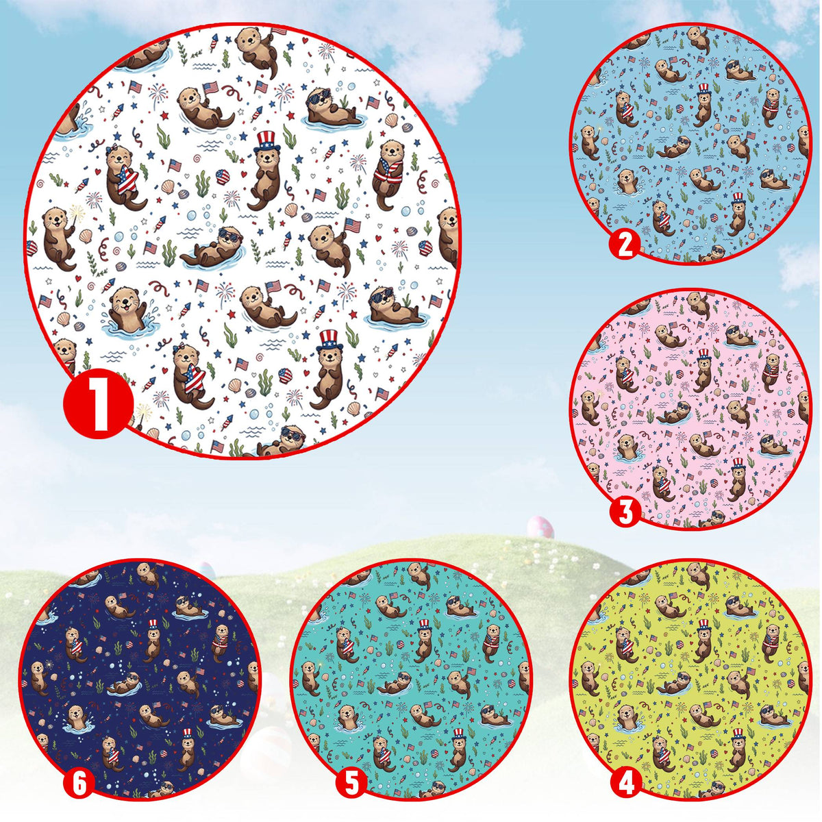 Detailed pattern view of the patriotic sea otters pajama set showing otters and flags
