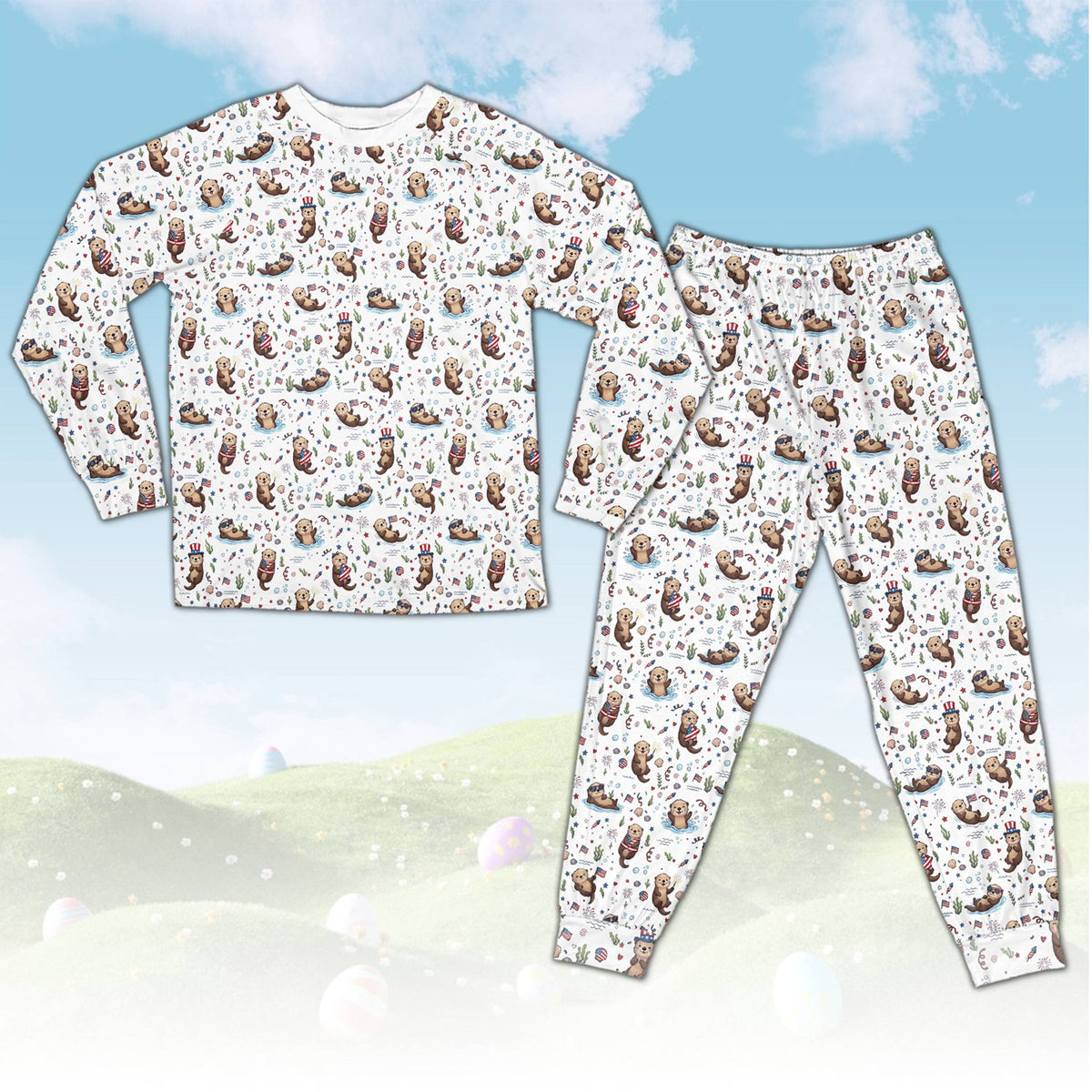 Patriotic sea otters pajama set with white background, front view
