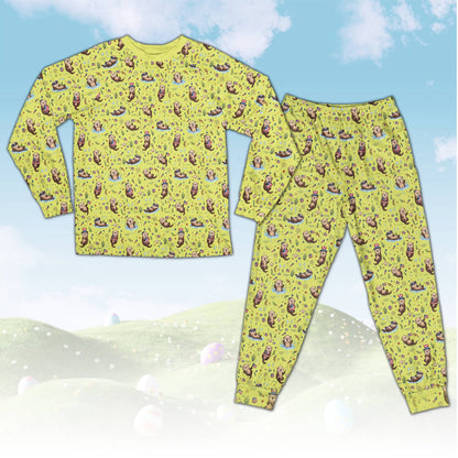 Patriotic sea otters pajama set with yellow background, front view
