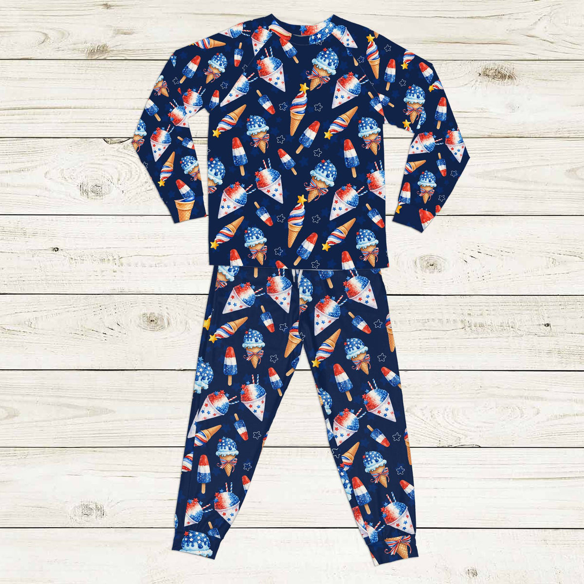 Patriotic treats pajama set featuring red, white, and blue desserts on navy, main view