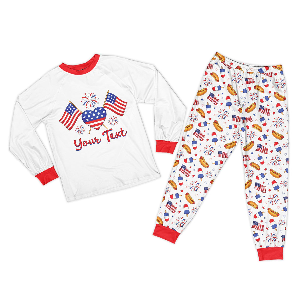 Front view of matching family pajamas shirt with flag and heart design