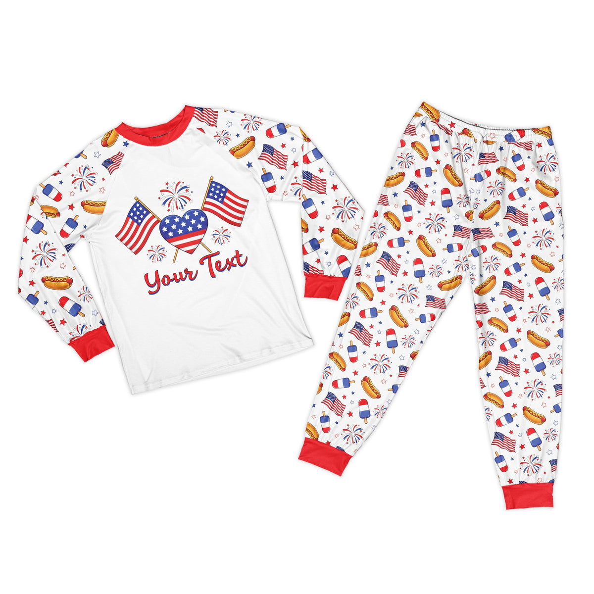 Family wearing matching personalized patriotic pajama set with custom names and numbers