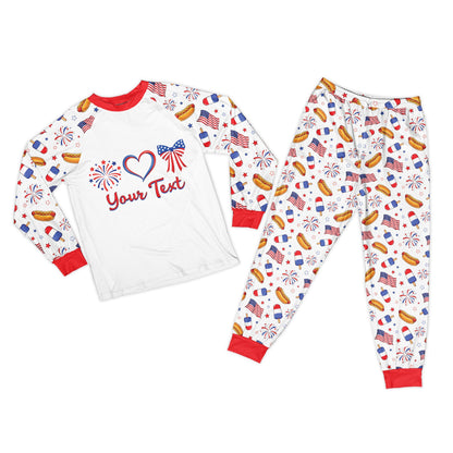 Close up of personalized patriotic pajama set top with bow and heart