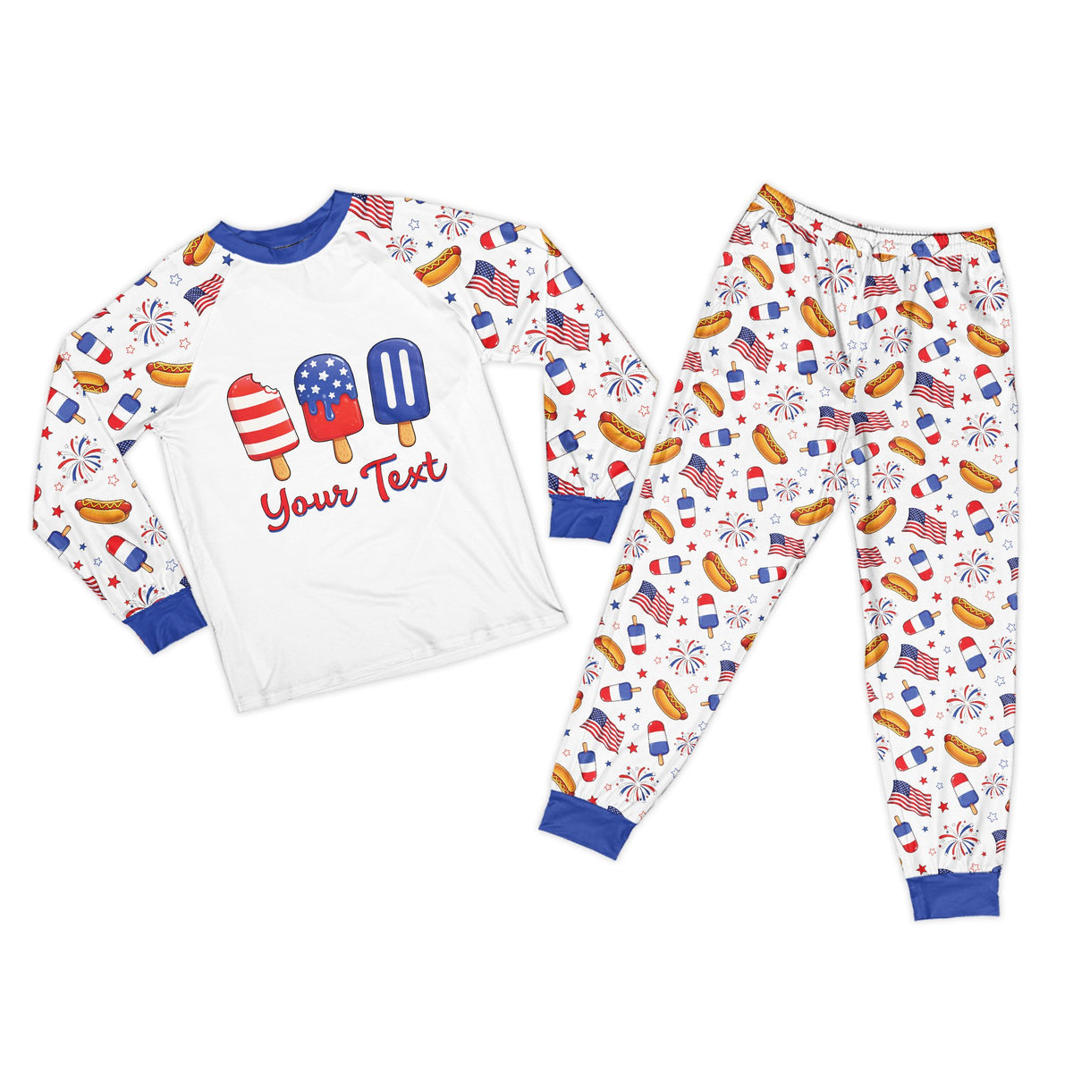 Front view of matching pajamas for family with Fourth of July motifs