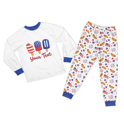 Detail of patriotic pajama set showing custom name and number