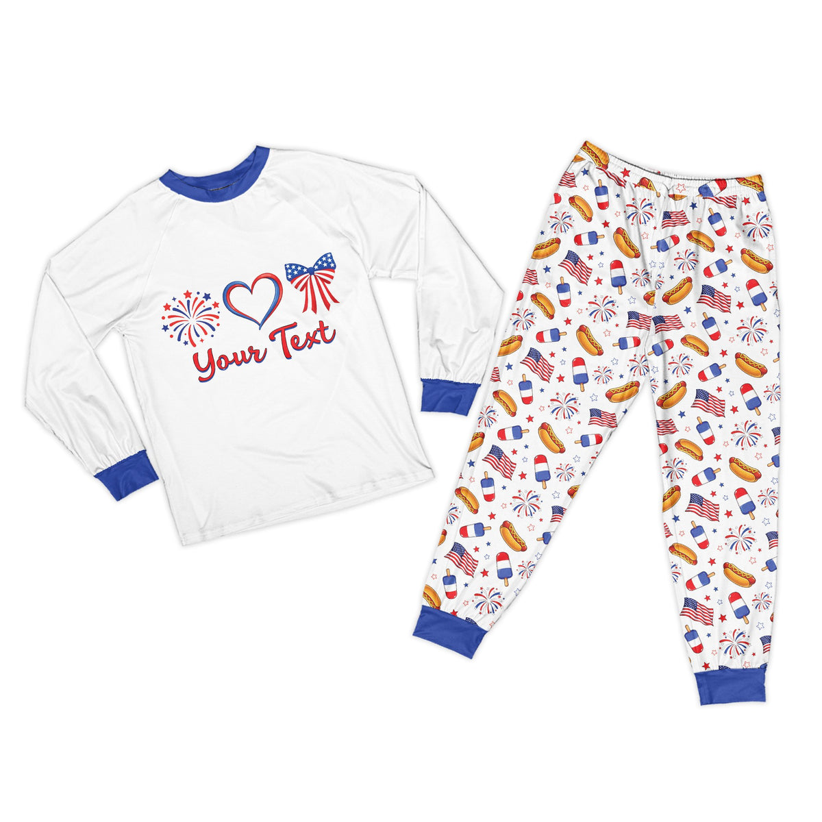 Folded matching family pajamas displaying the all-over fireworks and flag pattern