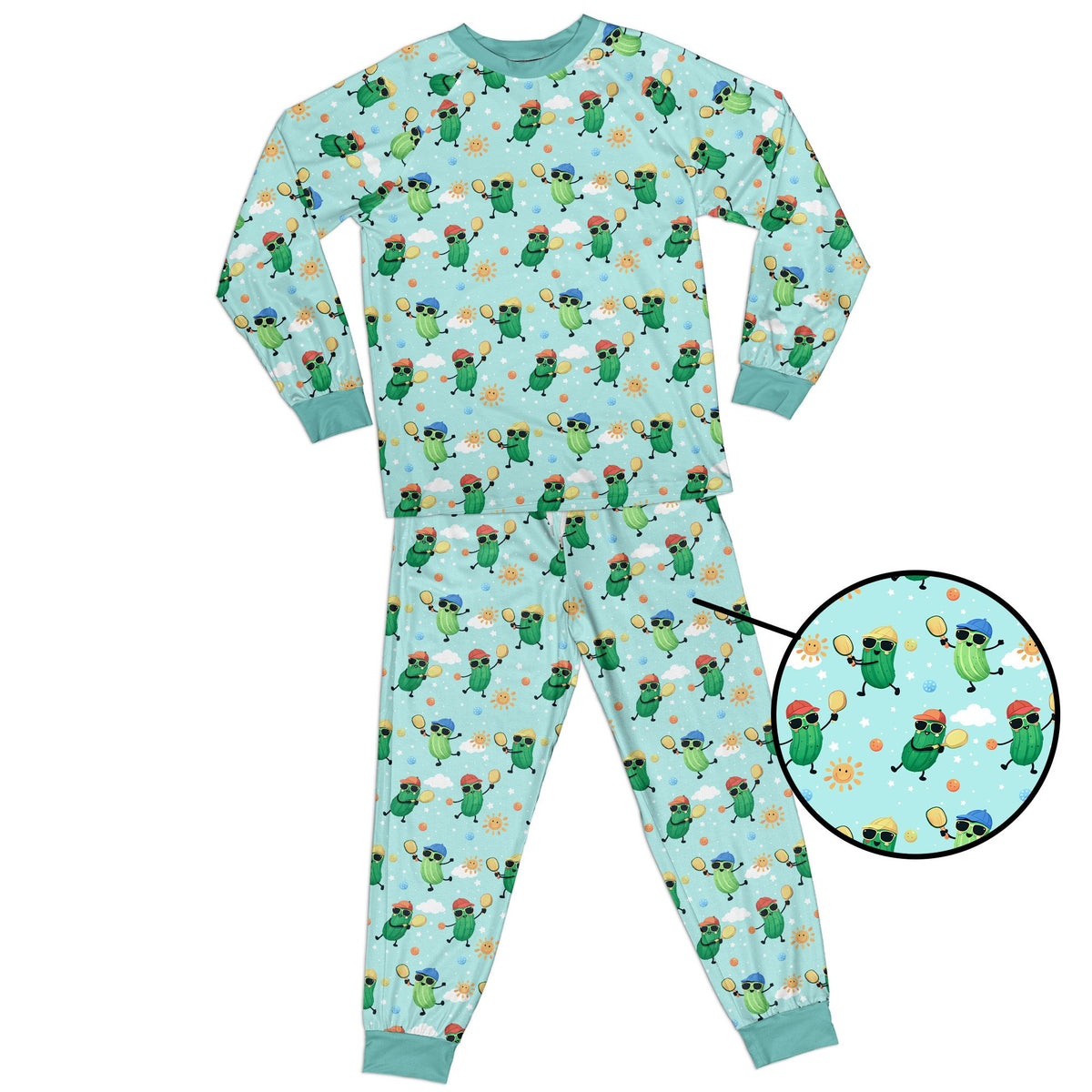 Matching family pajamas in blue featuring a fun pickleball pajama set pattern, front view