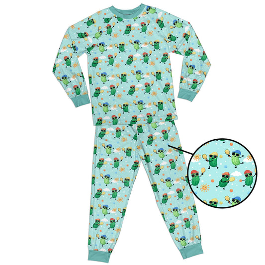 Matching family pajamas in blue featuring a fun pickleball pajama set pattern, front view