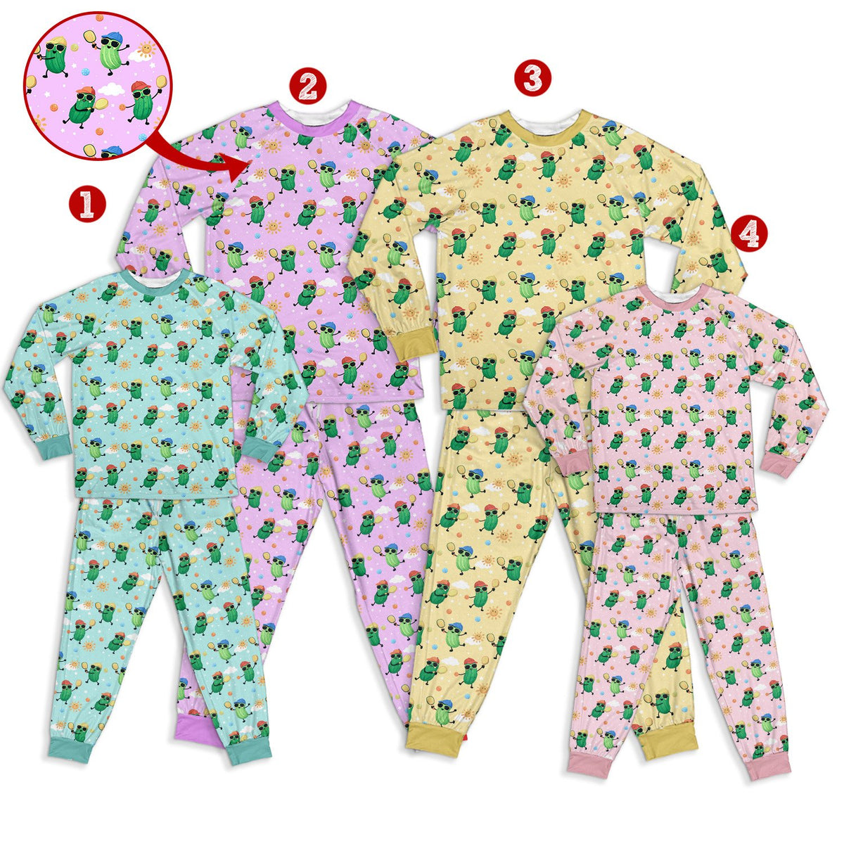 Pickleball pajama set front view highlighting the colorful pattern
