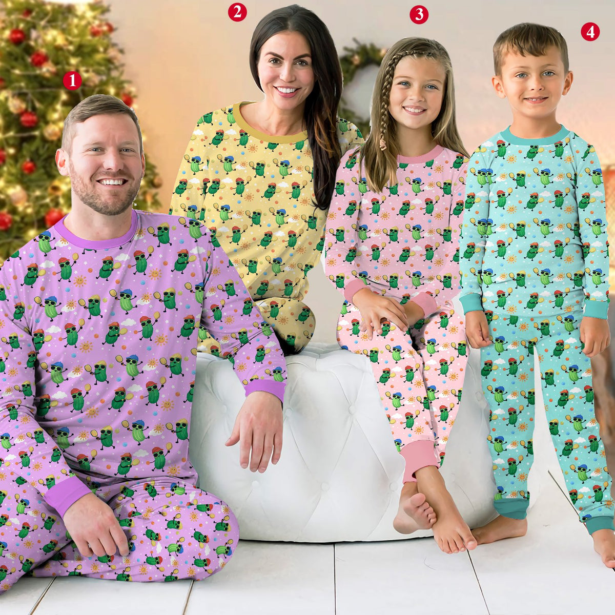 Lifestyle shot of family lounging in their matching pickleball pajamas