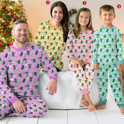 Lifestyle shot of family lounging in their matching pickleball pajamas