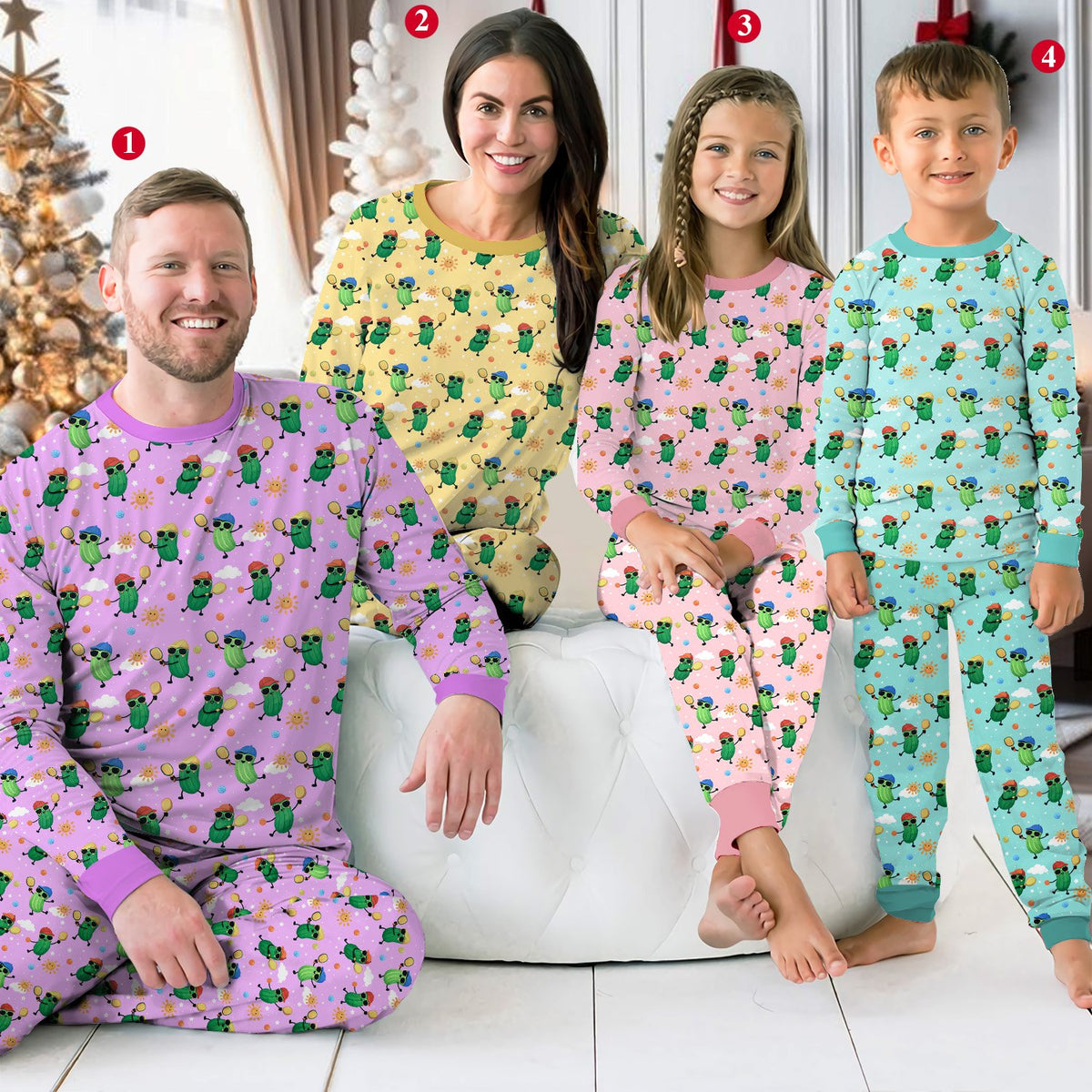 Family wearing matching pickleball pajama sets lifestyle view