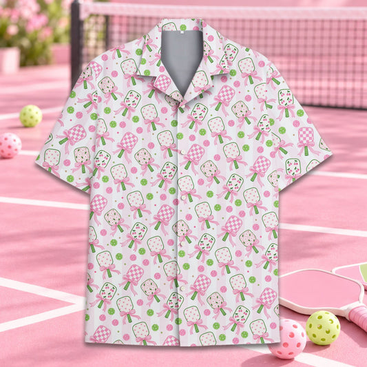 Matching family pickleball pajama set front view with pink and green pattern
