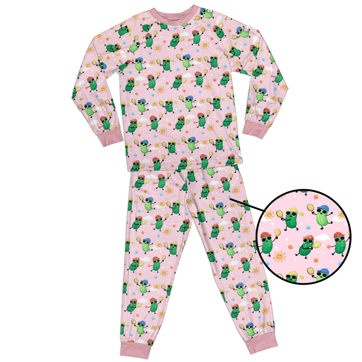 Pink pajama set with cartoon pickles playing pickleball, front view