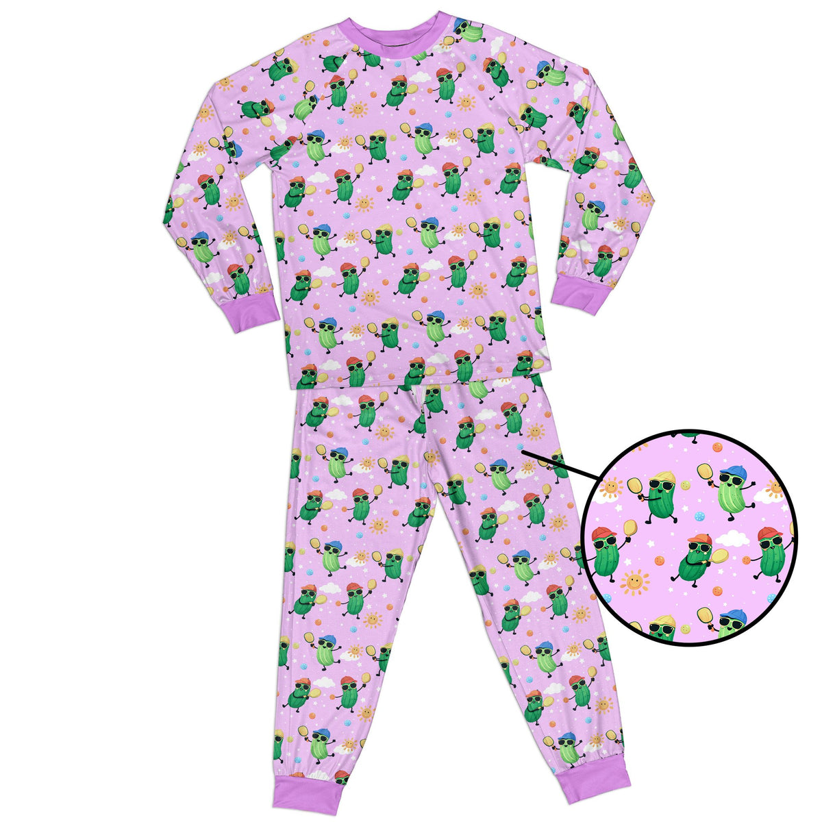 Purple matching pajama set with fun pickleball design, front view