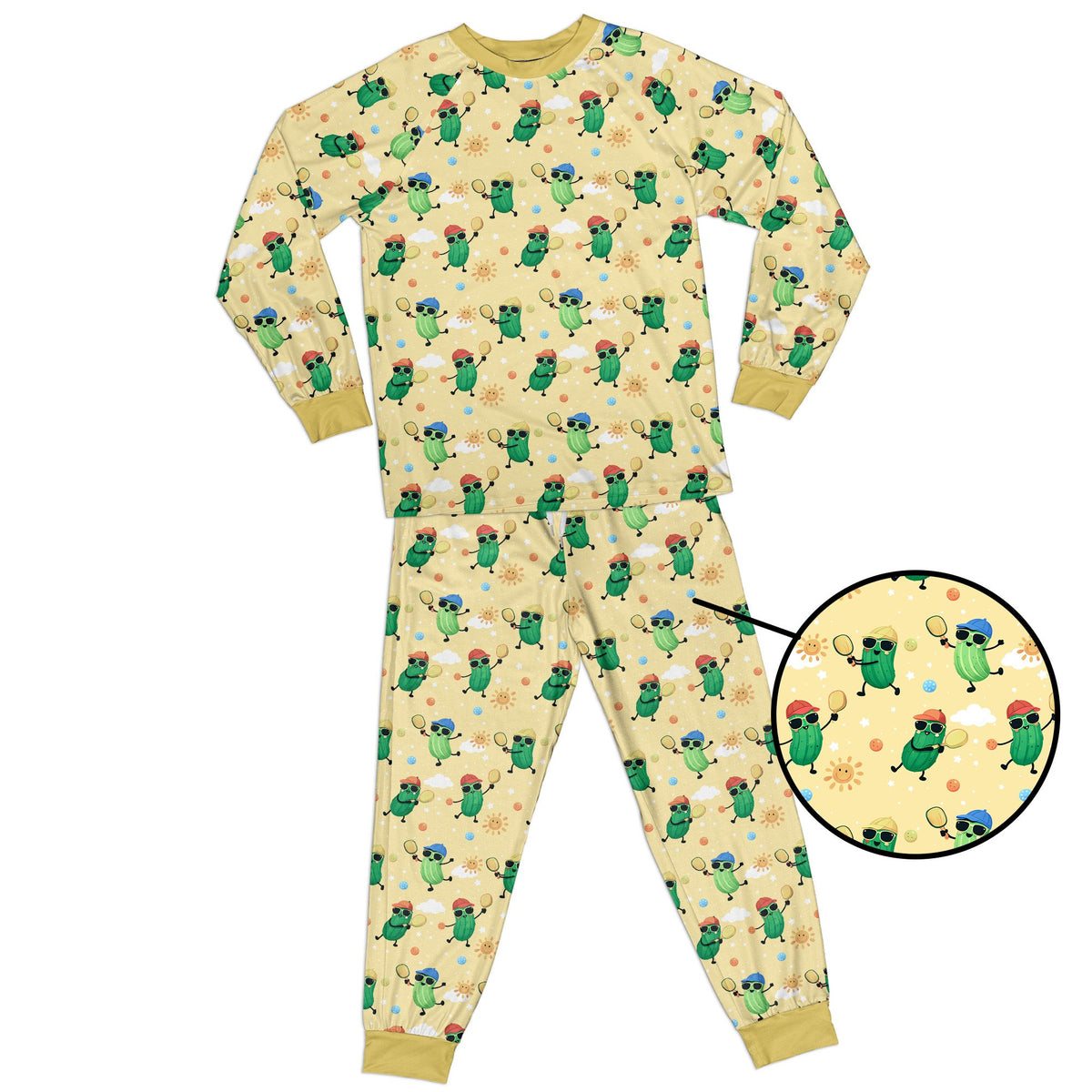 Yellow pickleball pajama top and pants set with cartoon characters, front view