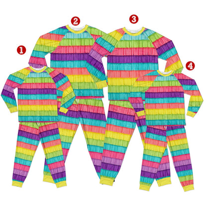Main view of the piñata pajama set featuring colorful multicolor stripes