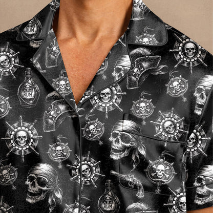 Close-up detail of the pirate print featuring skulls, hats, and flintlocks