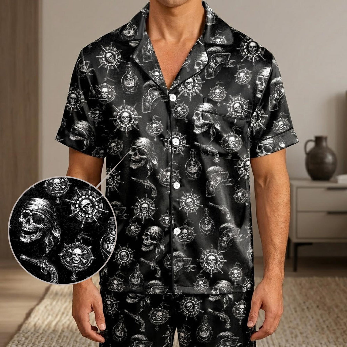 Front view of the black matching family pajamas in pirate design
