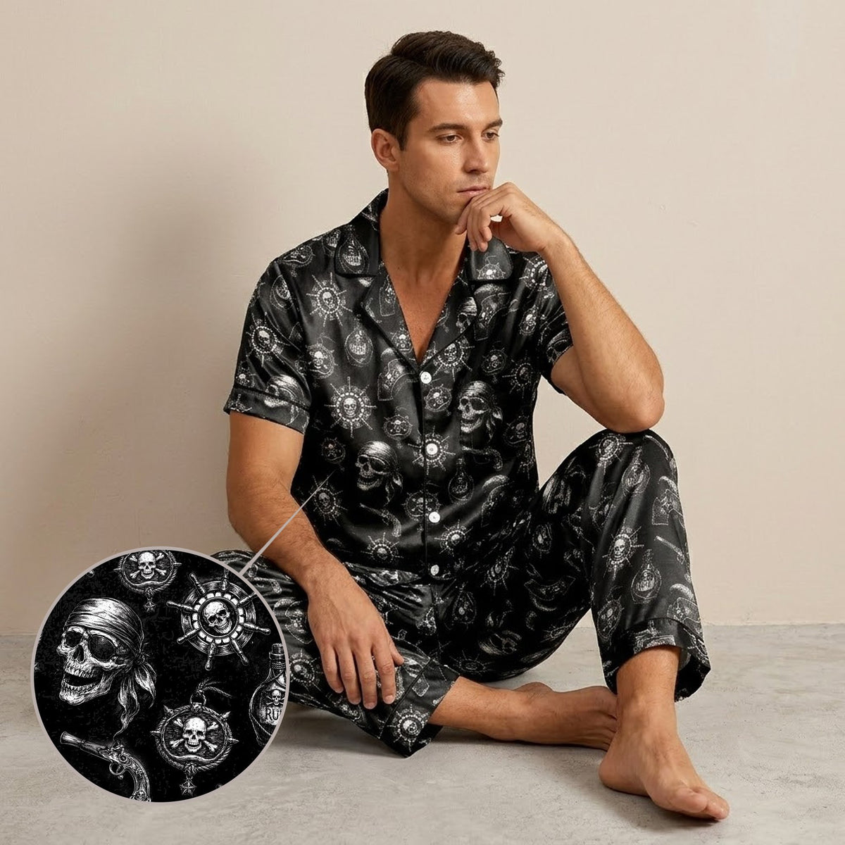 Third lifestyle view showing the black pirate pajama set in a home setting