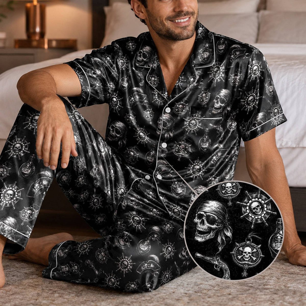 Lifestyle view of the pirate pajama set worn for family matching outfits