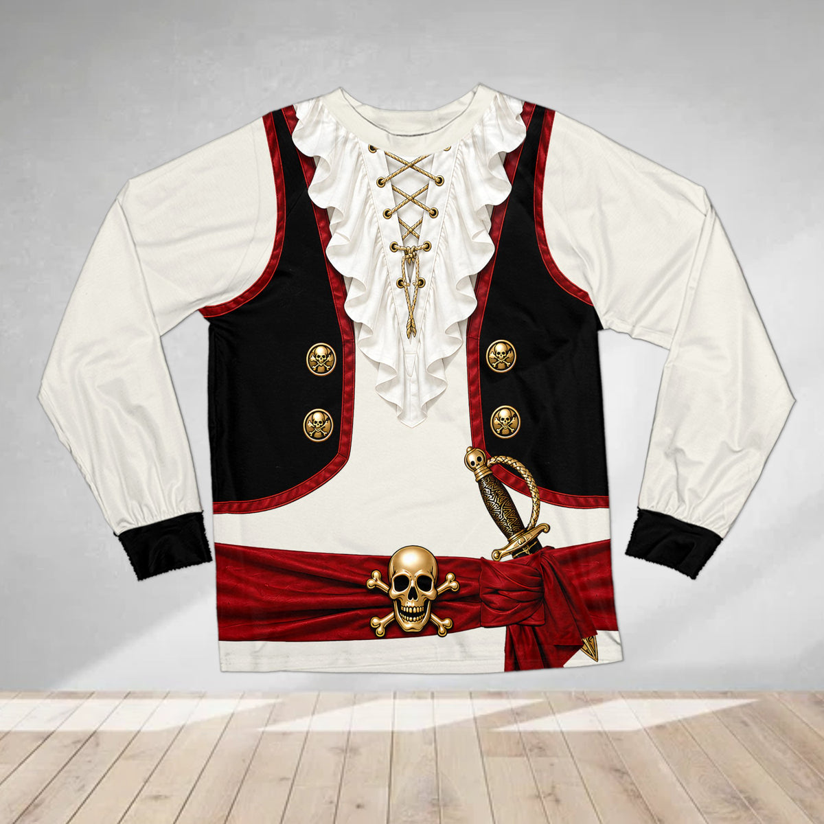 Front view of the custom name pirate pajama set showing the red sash and skull buckle details