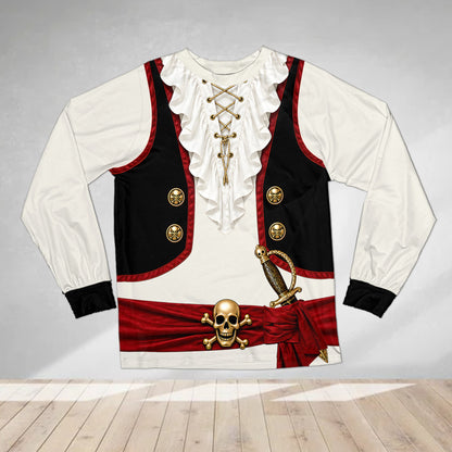 Front view of the custom name pirate pajama set showing the red sash and skull buckle details