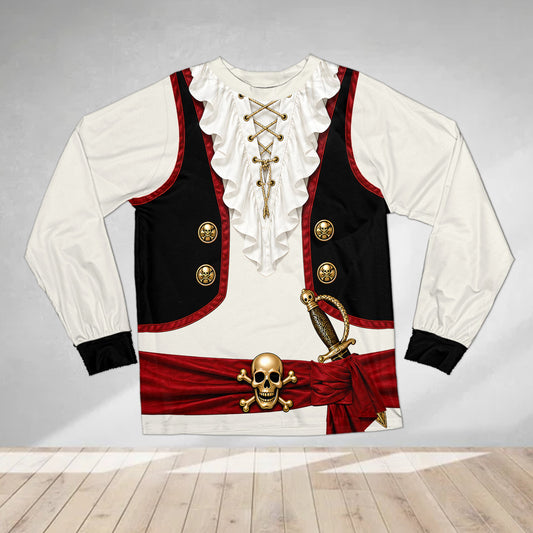 Main view of the personalized pirate pajama set featuring a printed vest and striped pants