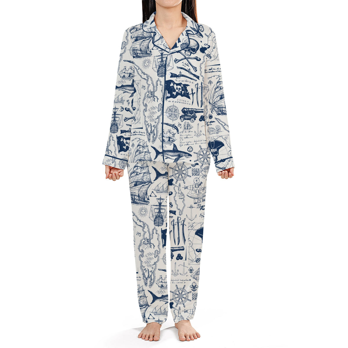 Another front view of the matching family pajamas in a nautical pirate design