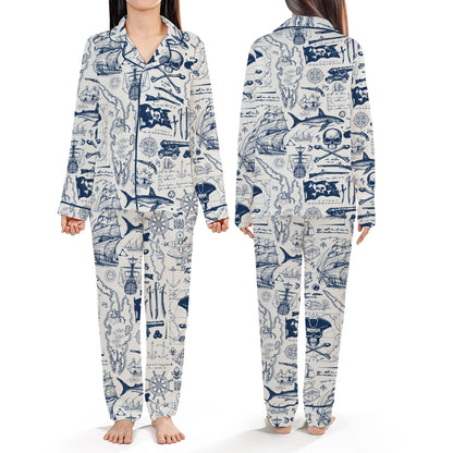 Front view of the vintage pirate pajama set showing tall ships and compass roses