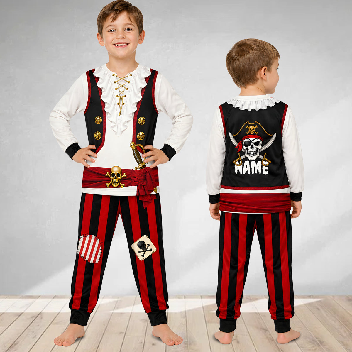 Lifestyle view of the pirate theme matching family pajamas