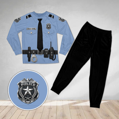 Light blue police pajama set featuring a realistic uniform print with utility belt and custom name, main view