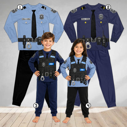 Family wearing matching multicolor police pajama sets in a lifestyle setting
