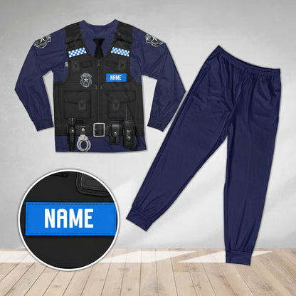 Alternative front view of the navy blue police pajama set with custom name and number