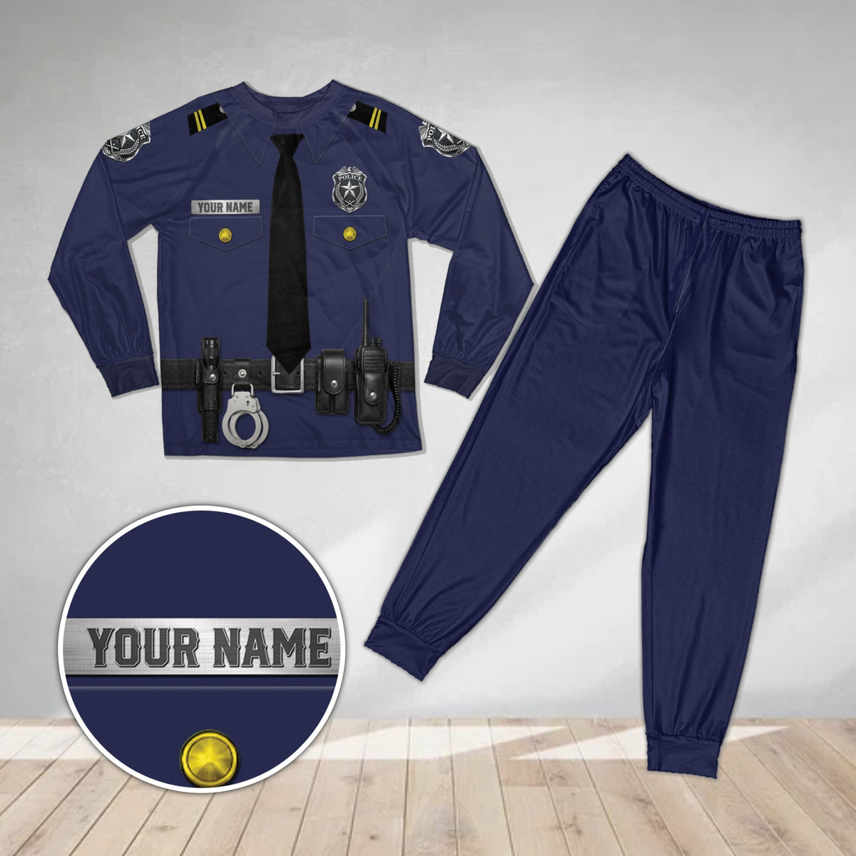 Navy blue police pajama set showing uniform details and badge, front view