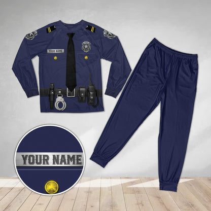Navy blue police pajama set showing uniform details and badge, front view
