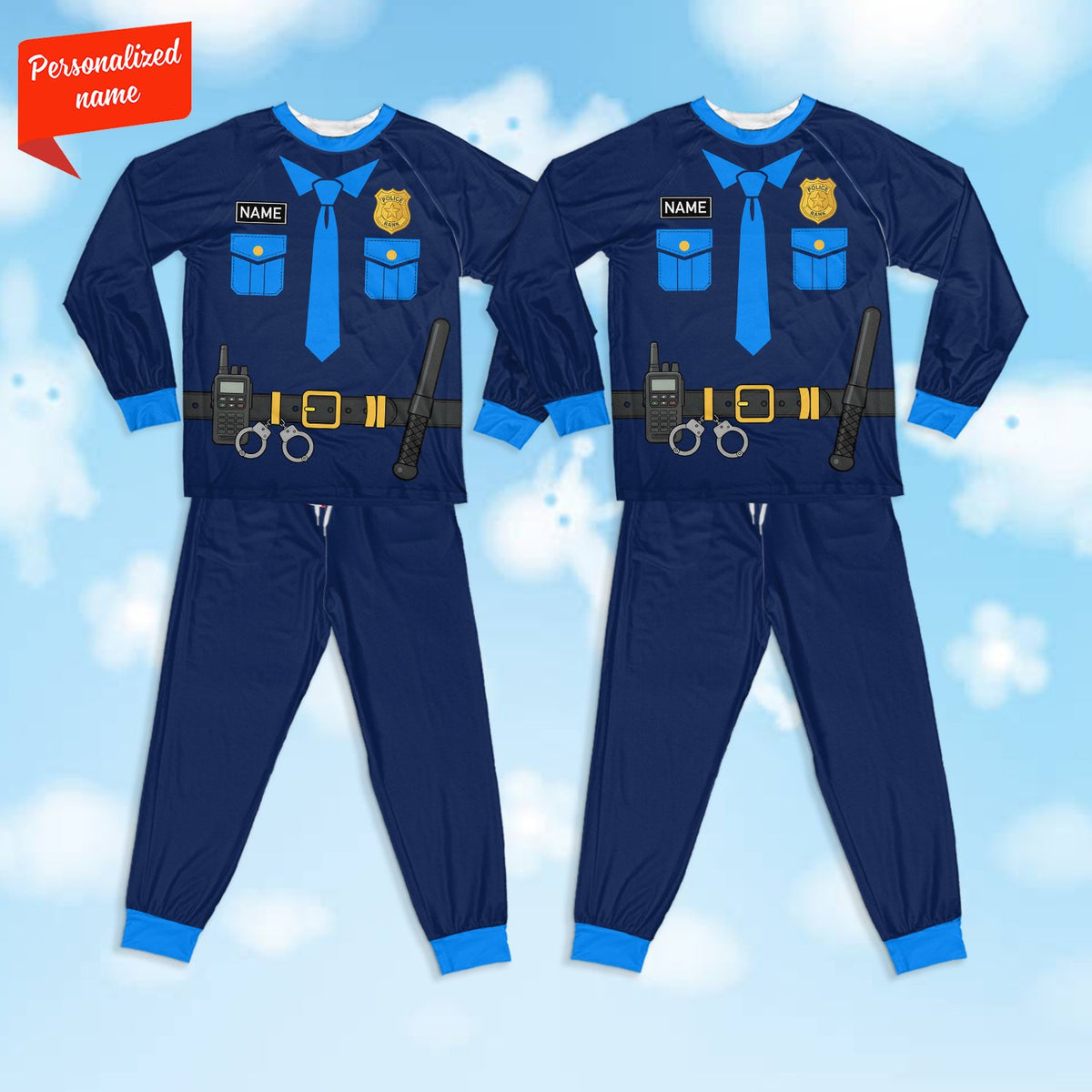 Close-up front view of the police officer pajama set printed design details