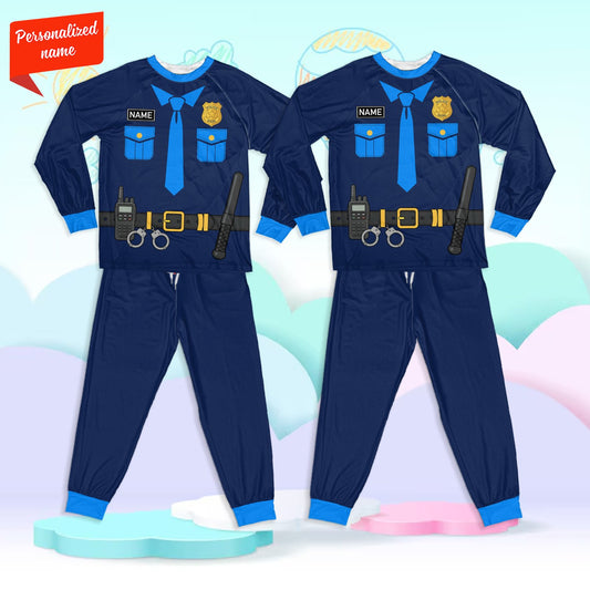 Main view of the personalized police officer pajama set in navy blue with printed uniform details