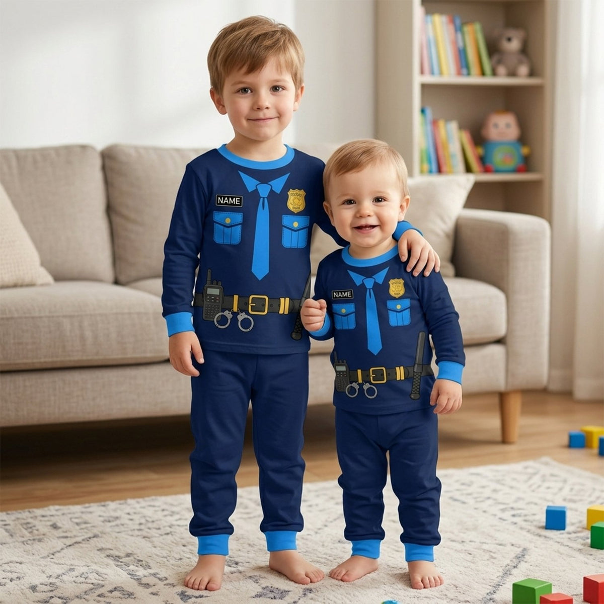 Lifestyle view of a family wearing the matching police officer pajama set for Halloween