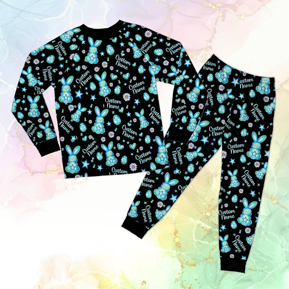 Black personalized preppy easter pajama set with bunnies, front view