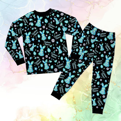 Black personalized preppy easter pajama set with bunnies, front view