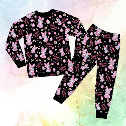 Black holiday matching family pajamas with easter design, front view