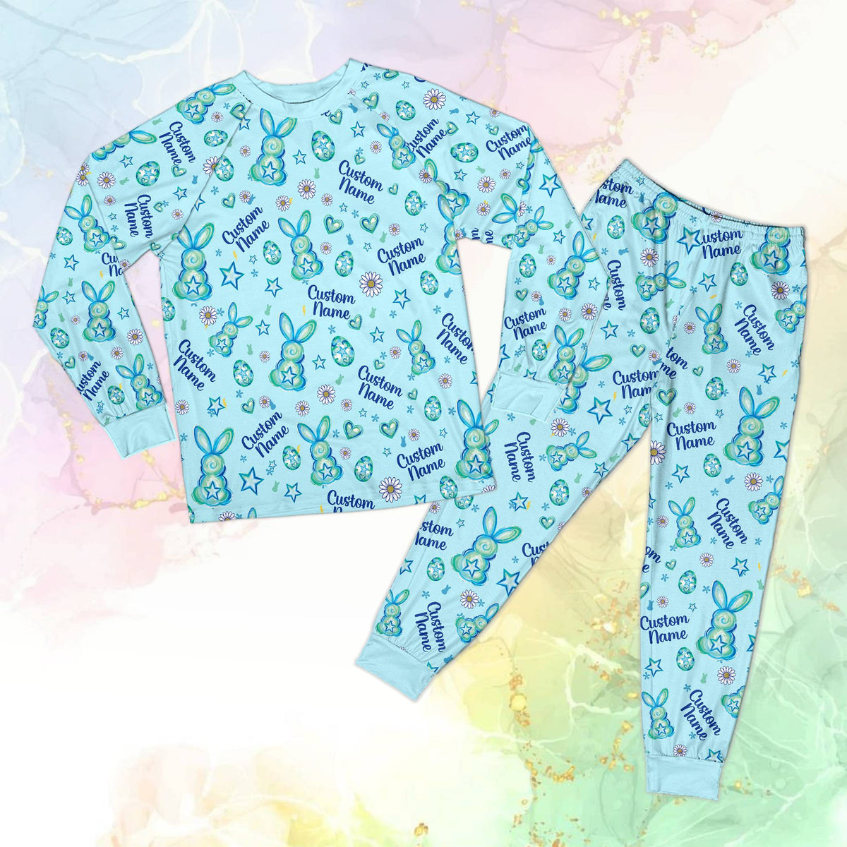 Light blue preppy easter pajama set for family, front view