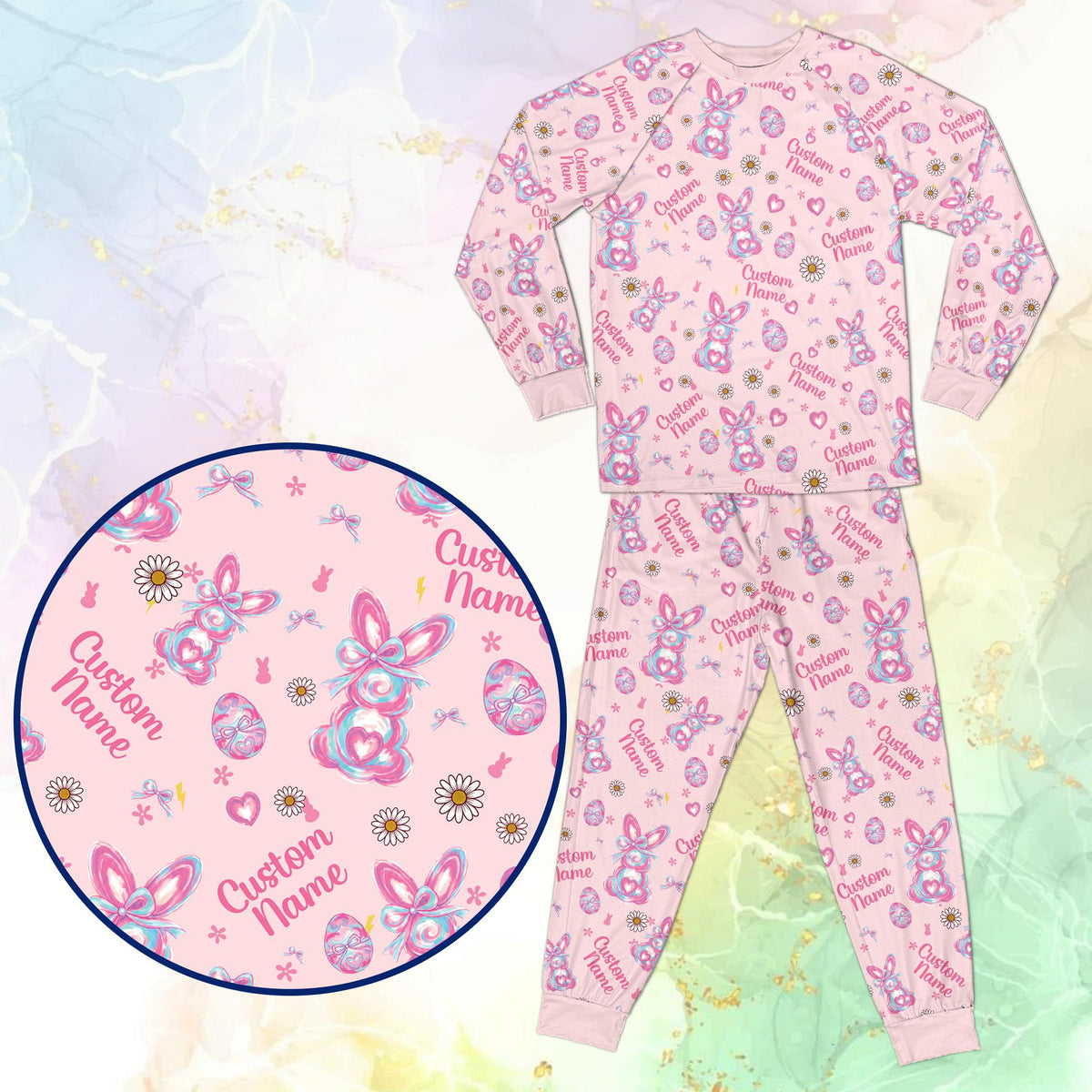 Festive preppy easter pajama set, front view