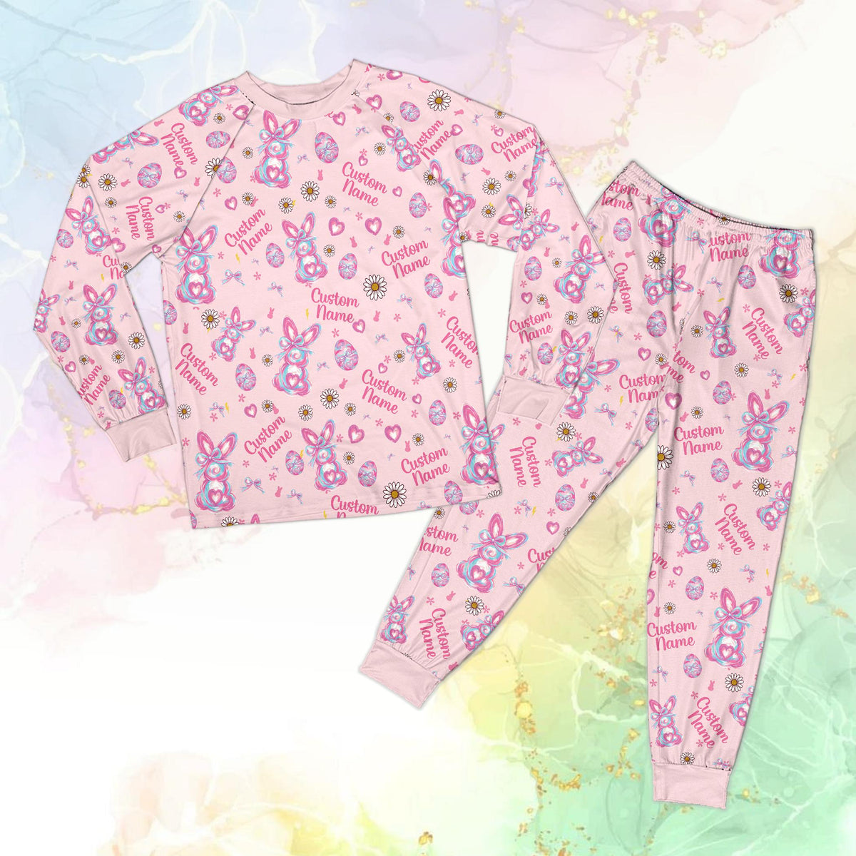 Pink preppy easter pajama set custom name, front view