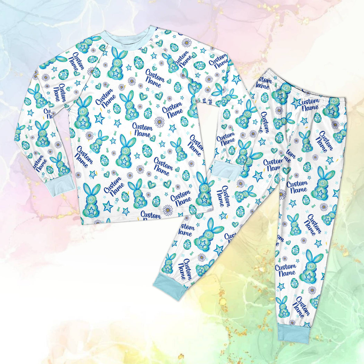 White preppy easter pajama set on family, front view