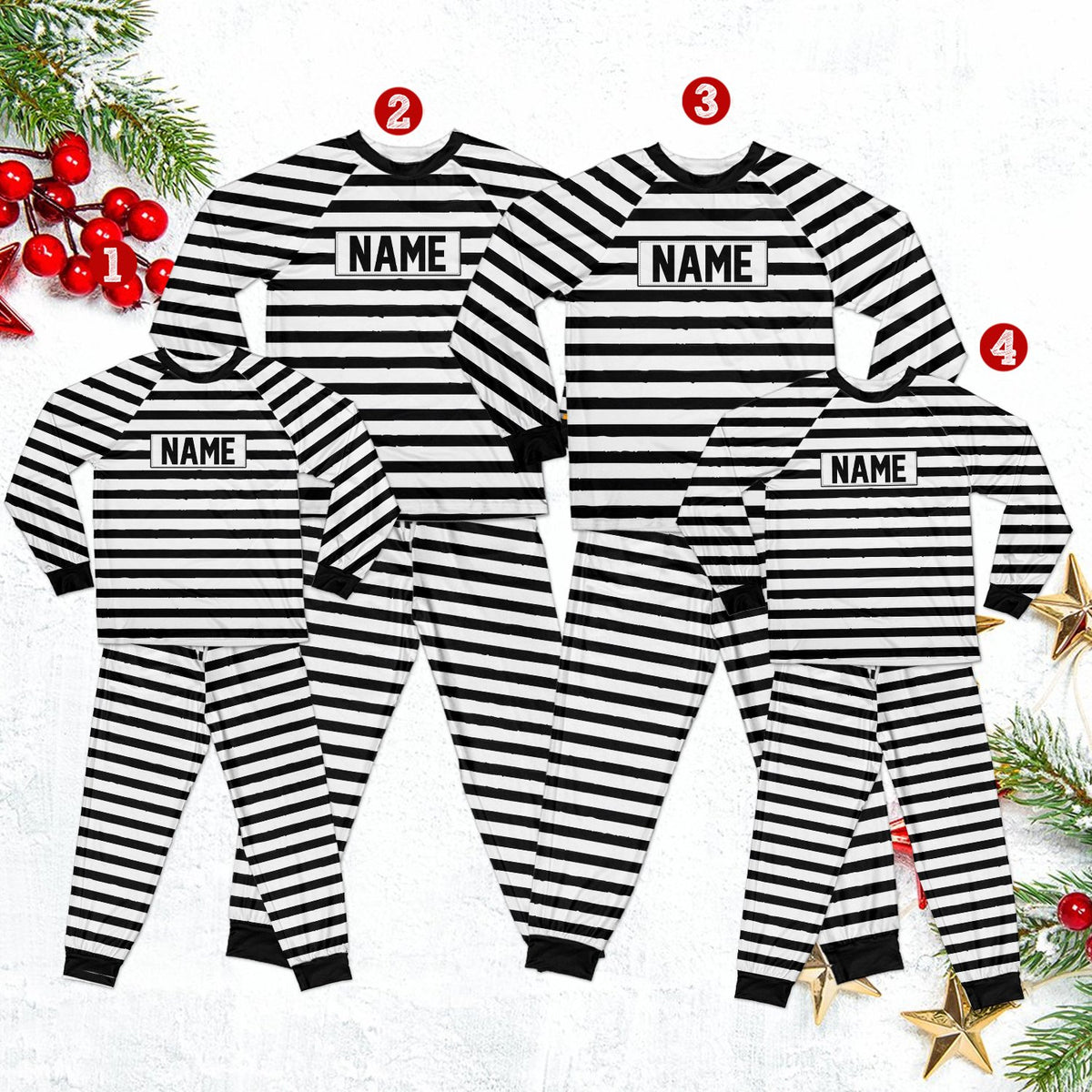 Alternate front view of the matching family prisoner pajama set showing the custom name badge