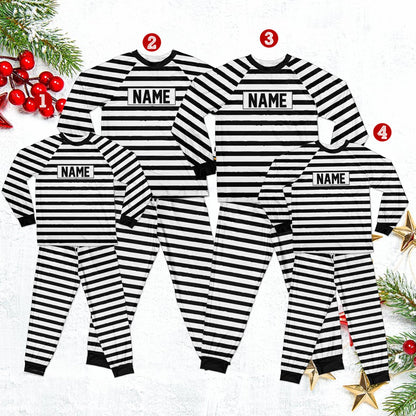Alternate front view of the matching family prisoner pajama set showing the custom name badge