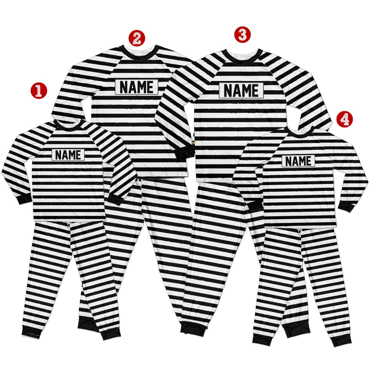 Another front view of the matching family prisoner pajama set in black, white, and red